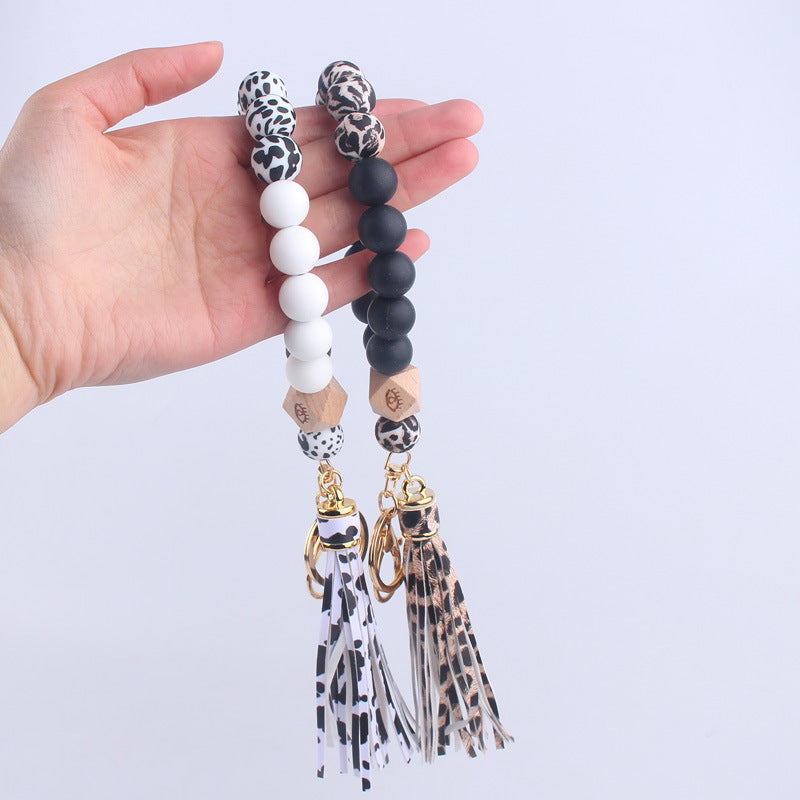 Wholesale Leopard Pattern Silicone Tassel Beaded Wrist Keychain