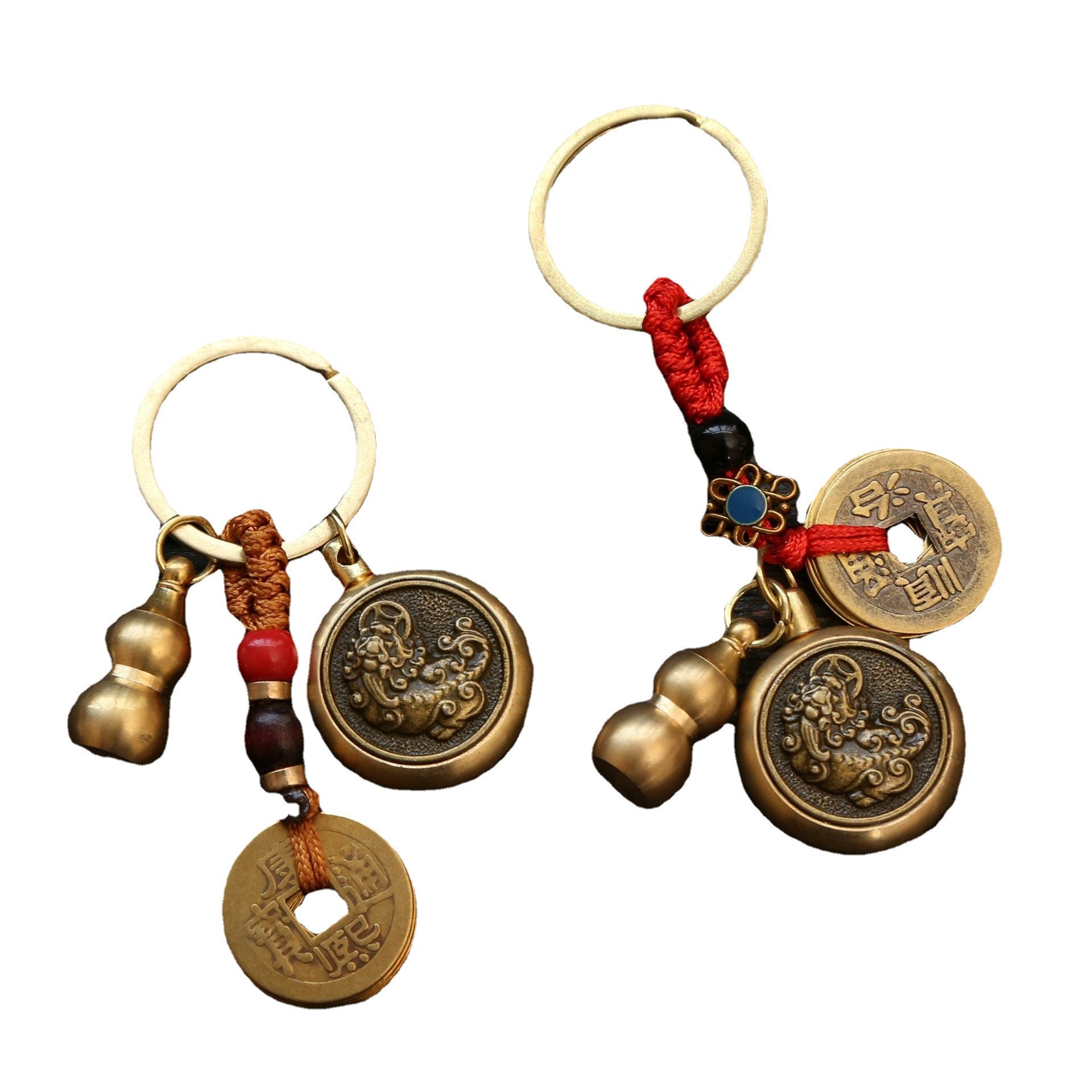 Wholesale Brass Pixiu Transfer to Five Emperors Money Weaving Rope Keychain