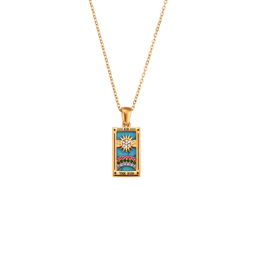 Wholesale Vintage Stainless Steel Rectangular Oil Dripping Zircon Tarot Card Necklace