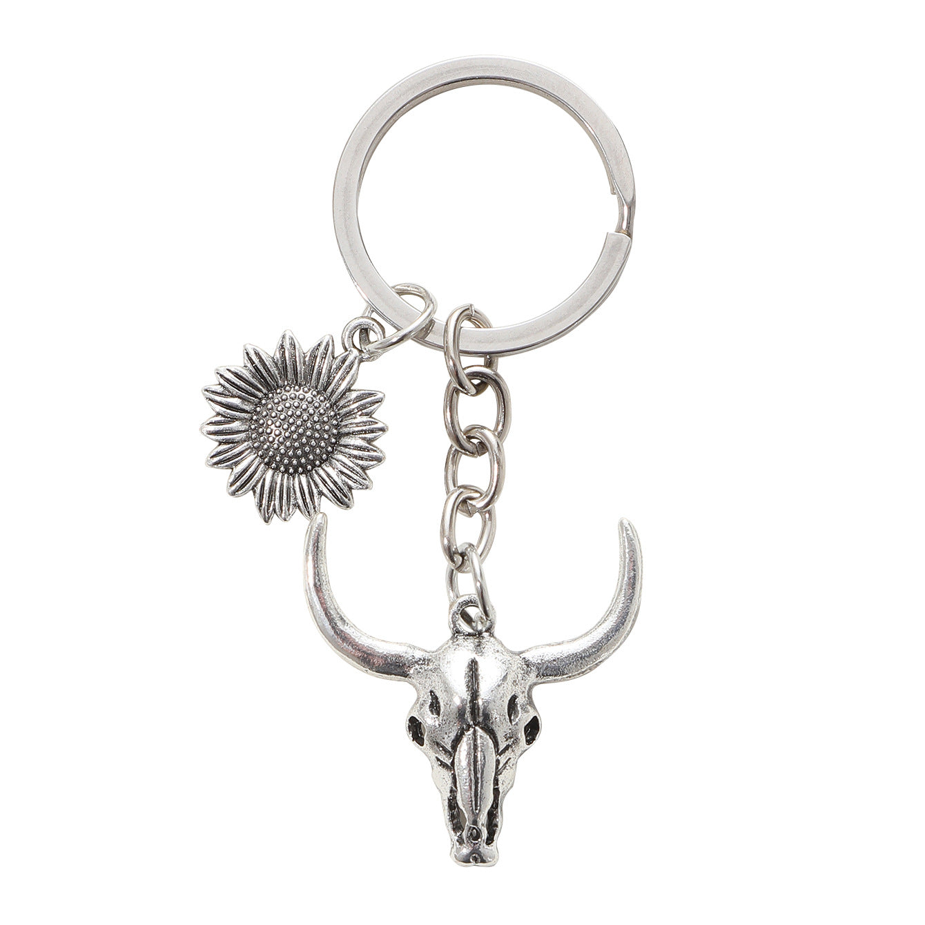 Wholesale Alloy Western Style Bull Head Sunflower Keychain