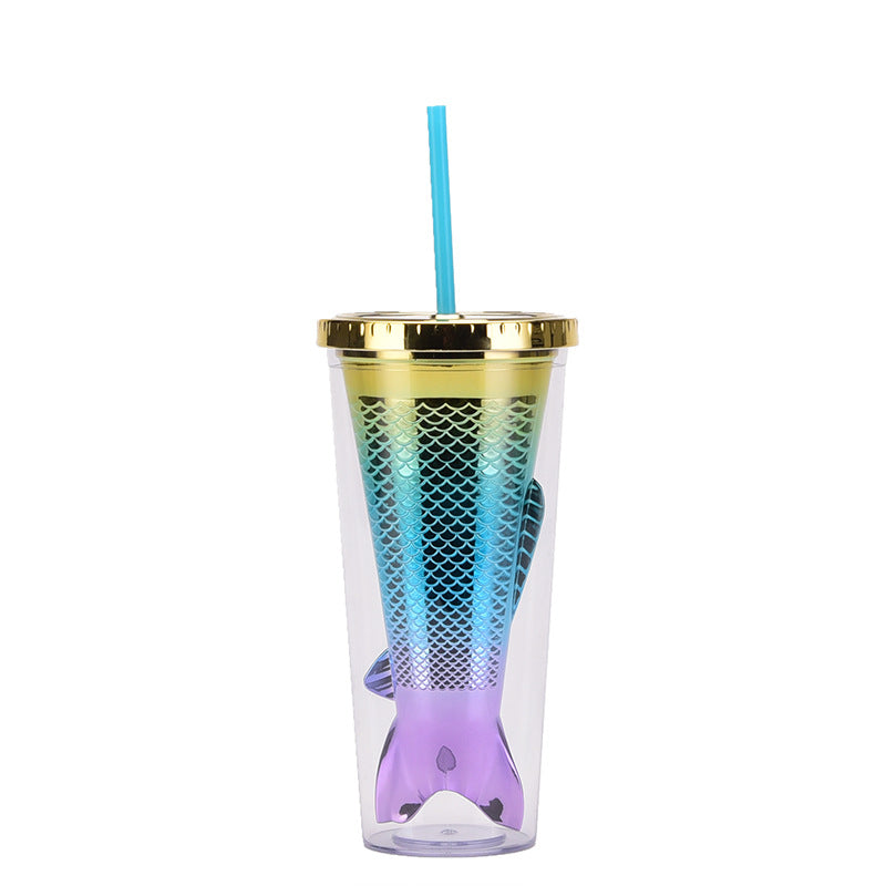 Wholesale Double-layer Plastic Cup Creative Gradient Mermaid Tail Colorful Sequin Straw Water Cup