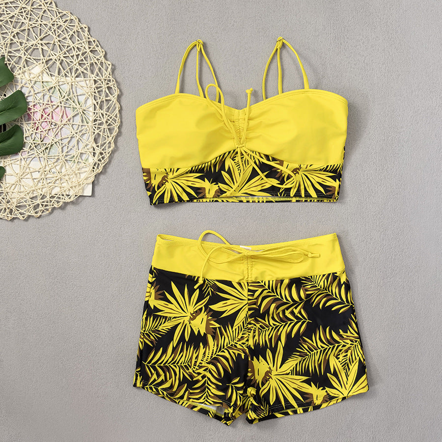 Wholesale High-waisted boxer tie-strap print solid color patchwork print swimsuit