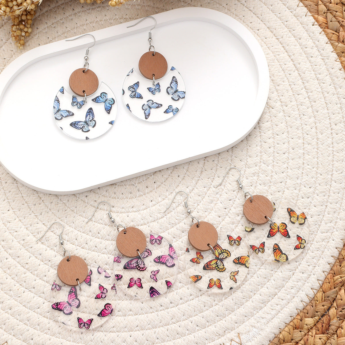 Wholesale Butterfly print acrylic and wood panel earrings