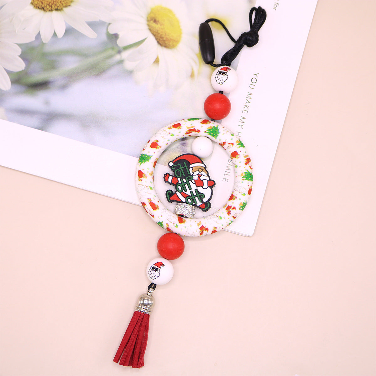 Wholesale Silicone Ring Keychain Christmas Cow Head Cross Flower Bead Pendant