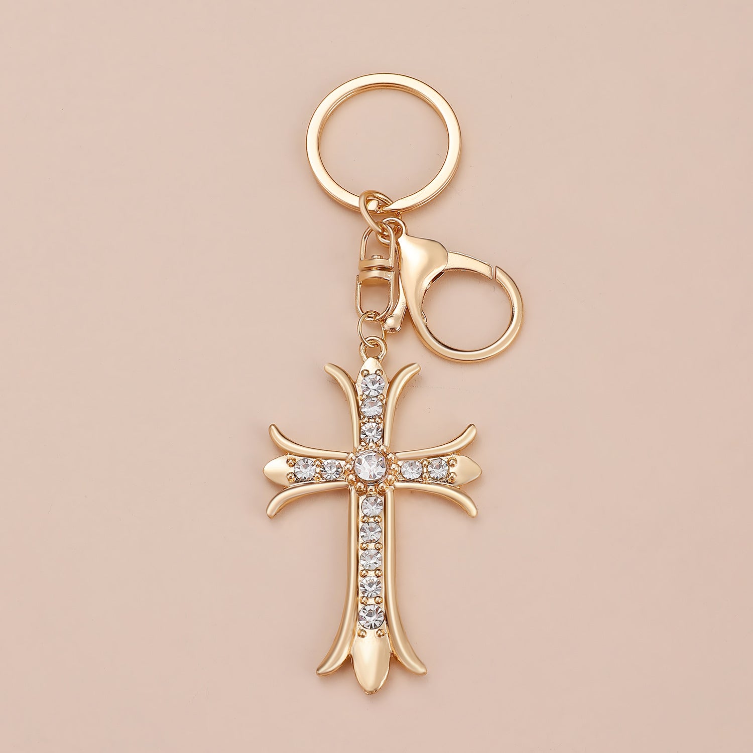 Wholesale Gold-plated rhinestone cross keychain