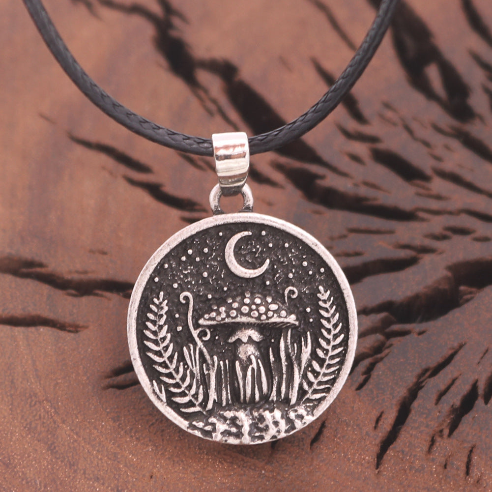 Wholesale Round charm mushroom and moon zinc  necklace ancient moon pendant