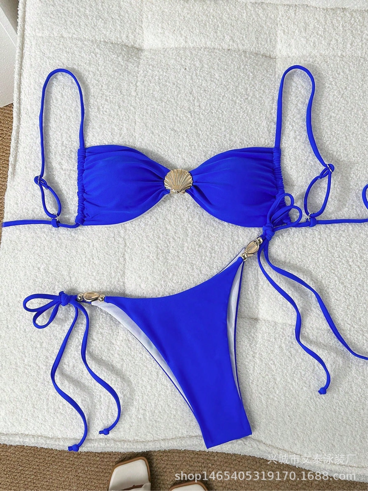 Wholesale Two-piece shell drawstring solid color swimsuit
