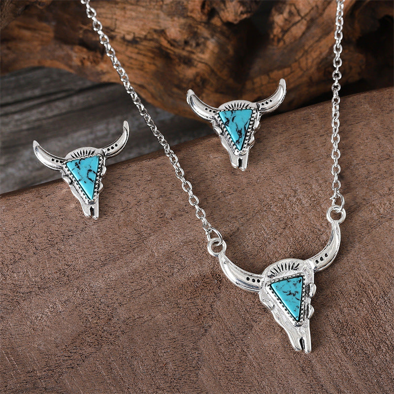 Wholesale Western Cowboy Style Bull Head Triangle Turquoise Earrings Necklace Set Fashion Retro Personality Necklaces