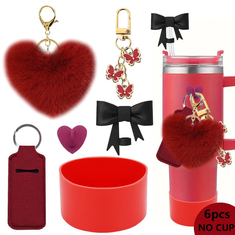 Wholesale Valentine's Day Love Hair Ball Pendant Silicone Cup Cover Bow Straw Plug Couple Heart-shaped Keychain