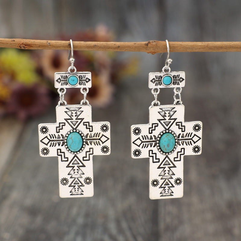 Wholesale Bohemian Retro Cross Inlaid Turquoise Long Alloy Ethnic Style Earrings