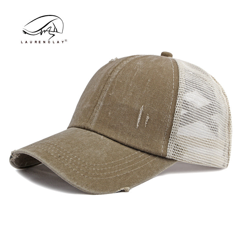 Wholesale Breathable Mesh Washed Distressed Crossover Ponytail Baseball Cap