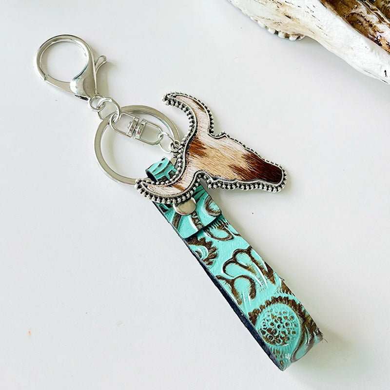 Wholesale West leather green fur bull head multicolor western keychain