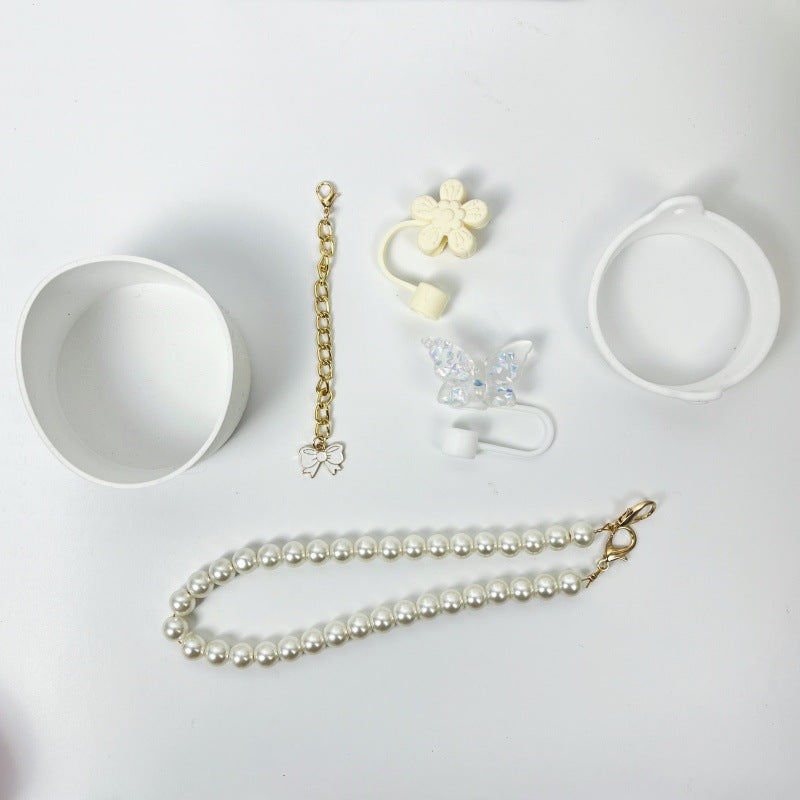 Wholesale 6pcs/pack silicone cup cover,  protective cover,  straw cap,  decorative lanyard,  pearl hand rope