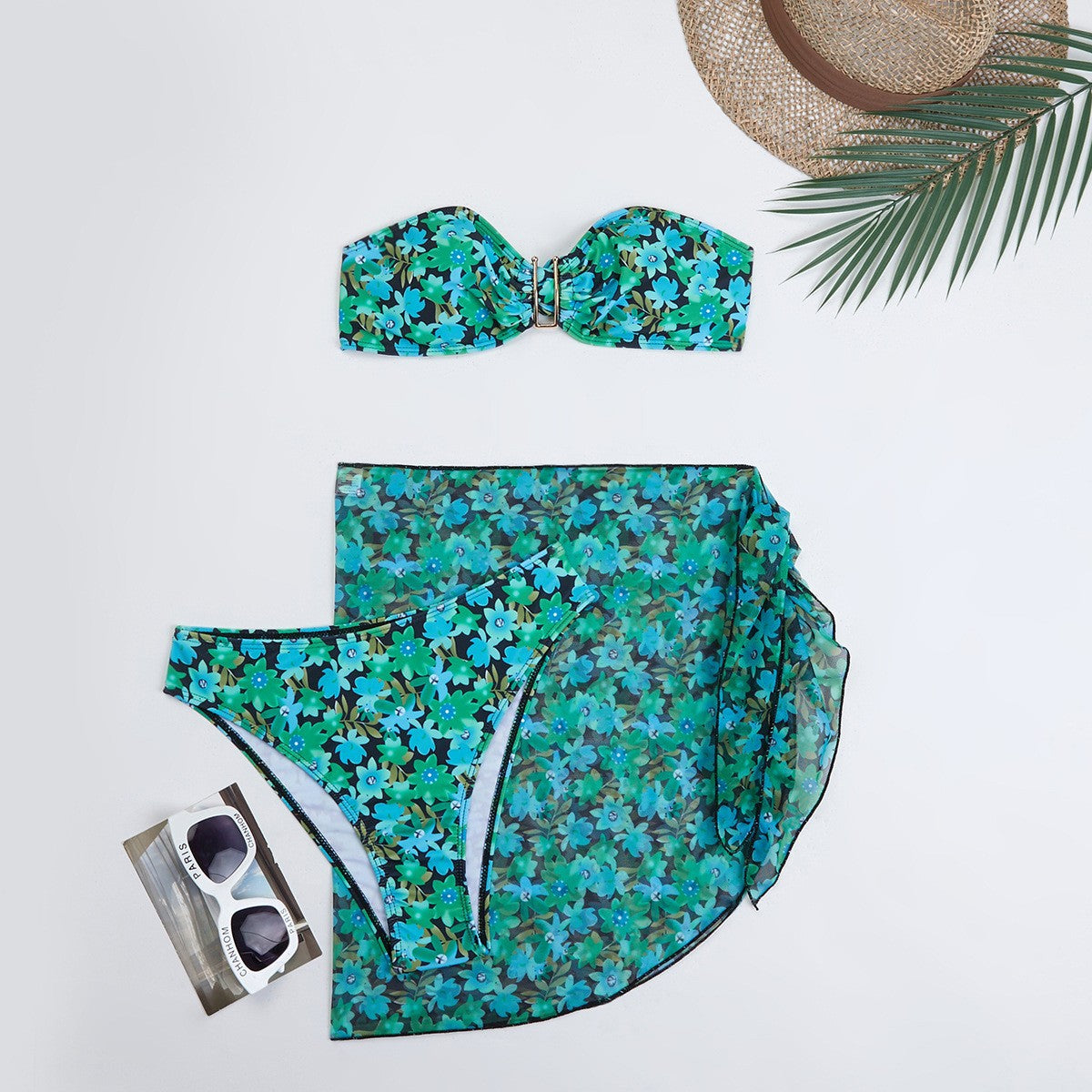 Wholesale Metal U-Shaped Three-Piece Printed Swimsuit