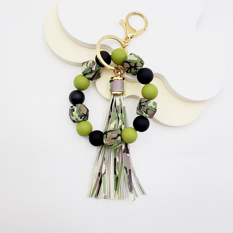 Wholesale Leopard Camo Octagonal Silicone Beaded Wrist Keychain