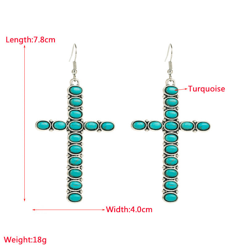 Wholesale bohemian Retro ethnic earrings alloy inlaid turquoise cross earrings