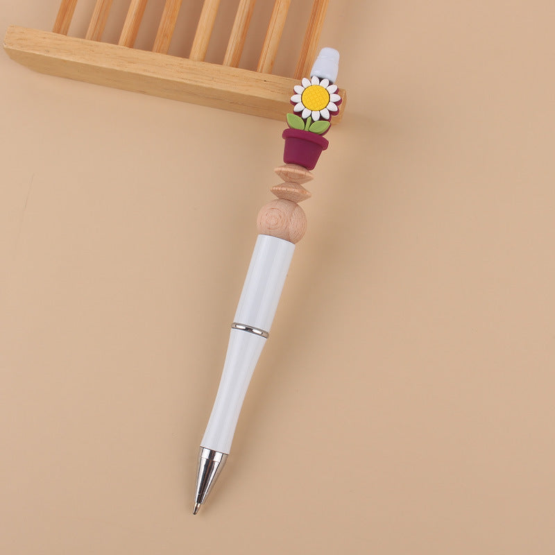 Wholesale Handmade Beadable Cartoon Sunflower Silicone Bead Wooden Bead Ballpoint Pen