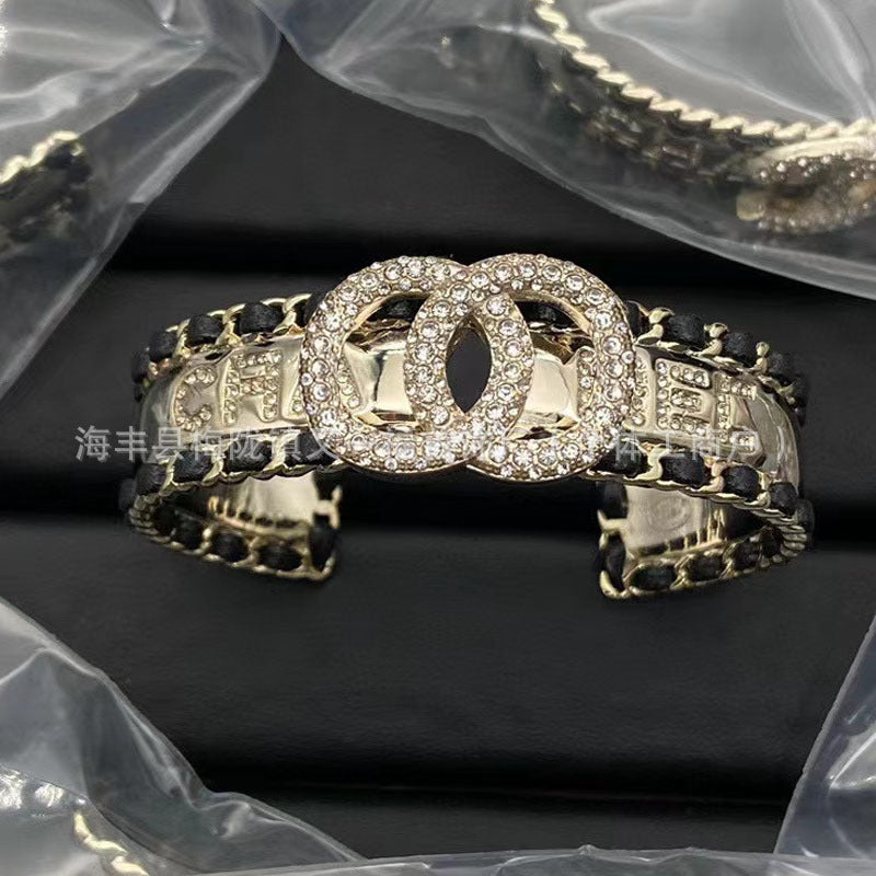 Wholesale New Double C Letter Diamond Piercing Leather Small Chanel Style Bracelet Retro Fashion All-match Bracelet