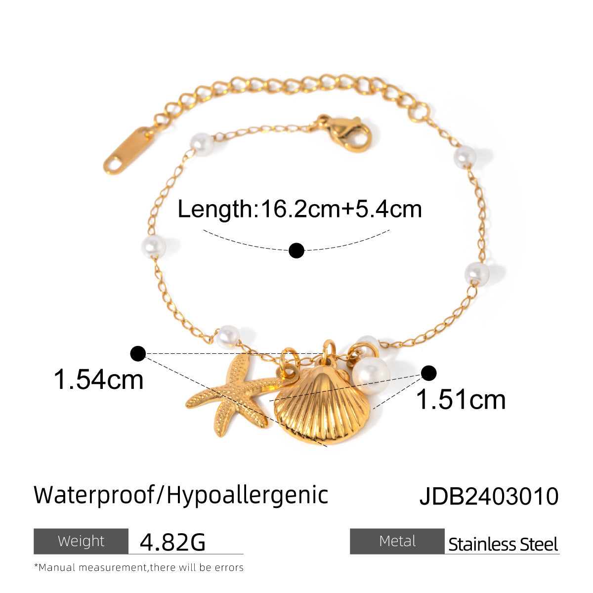 Wholesale 18k Gold Stainless Steel Pearl Chain Shell Starfish Pendant Bracelet