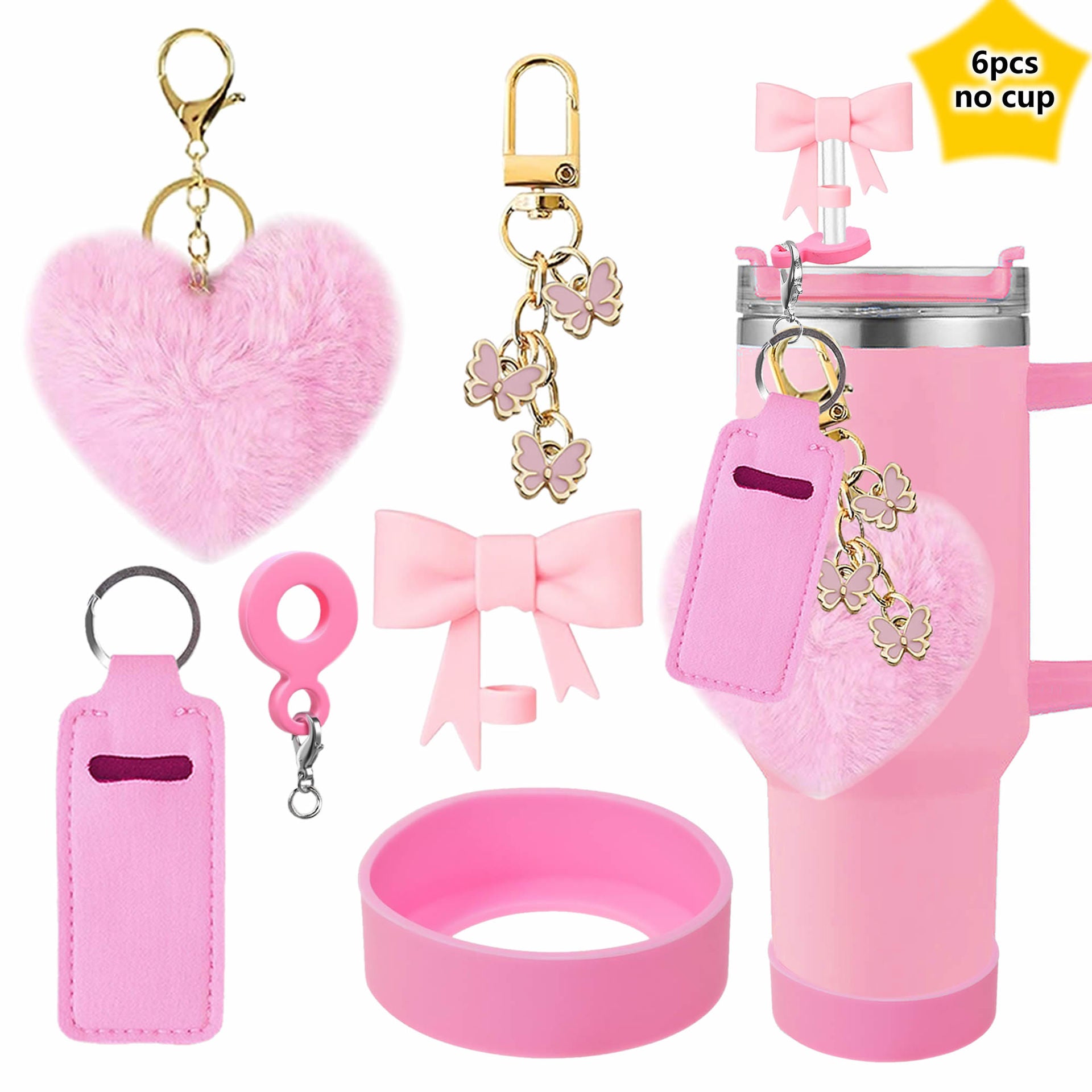 Wholesale Valentine's Day Love Hair Ball Pendant Silicone Cup Cover Bow Straw Plug Couple Heart-shaped Keychain