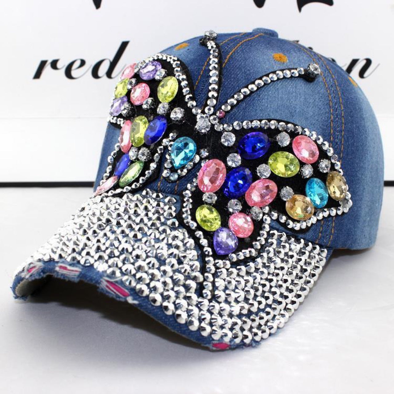 Wholesale Colored Diamond Butterfly Denim Cotton Baseball Caps