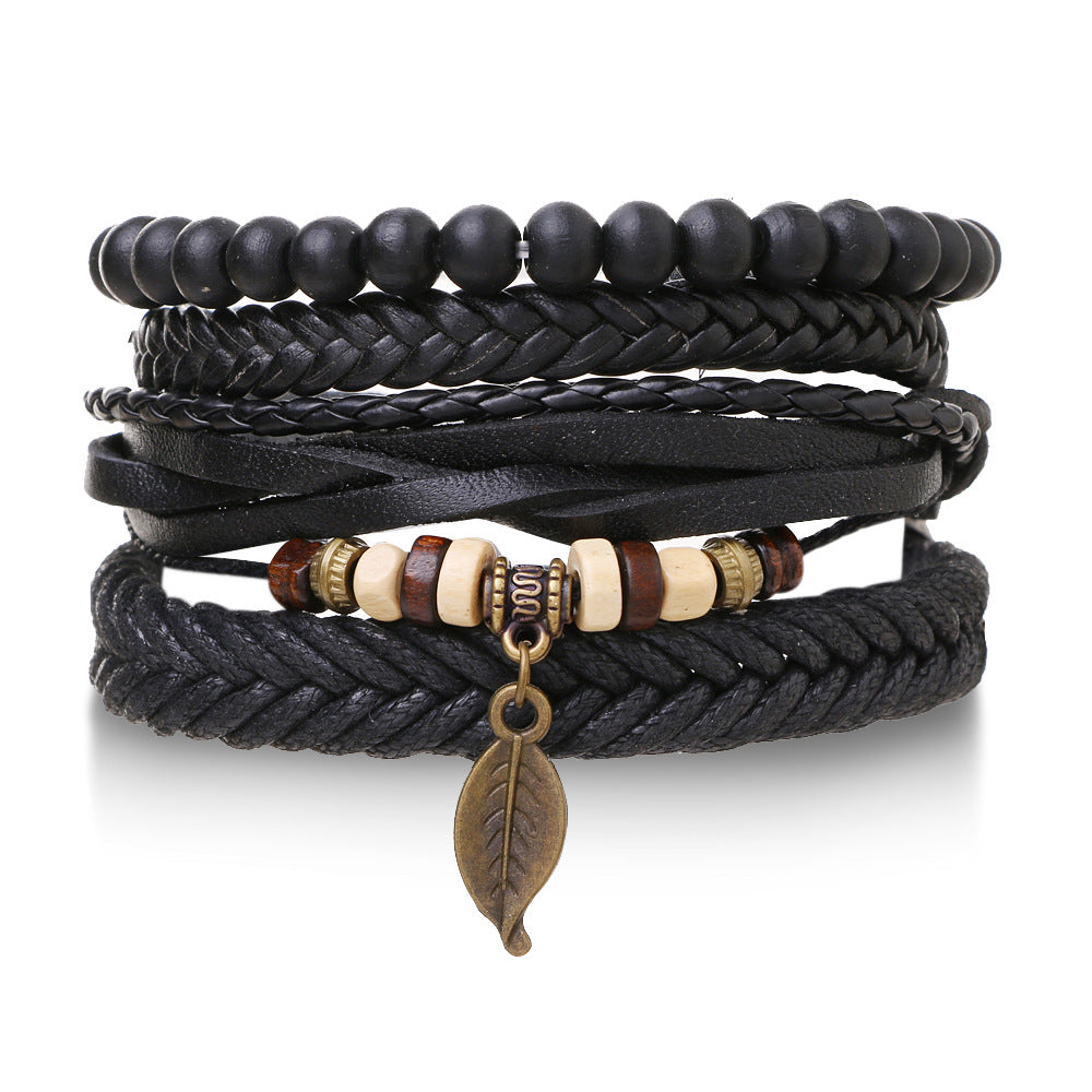 Wholesale Vintage Leaf Handwoven Multi-layer Leather Bracelet