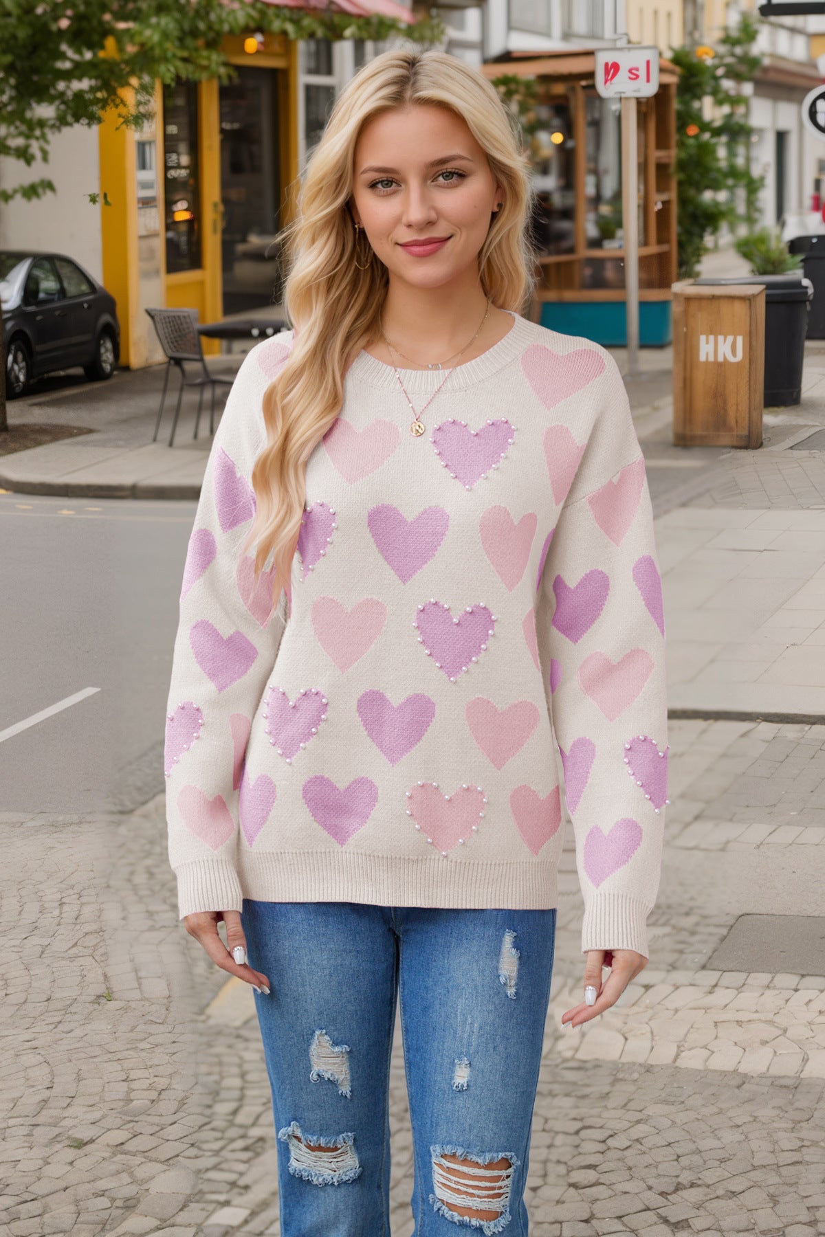 Wholesale Valentine's Day Round Neck Handmade Beaded Peach Heart Pullover Sweater