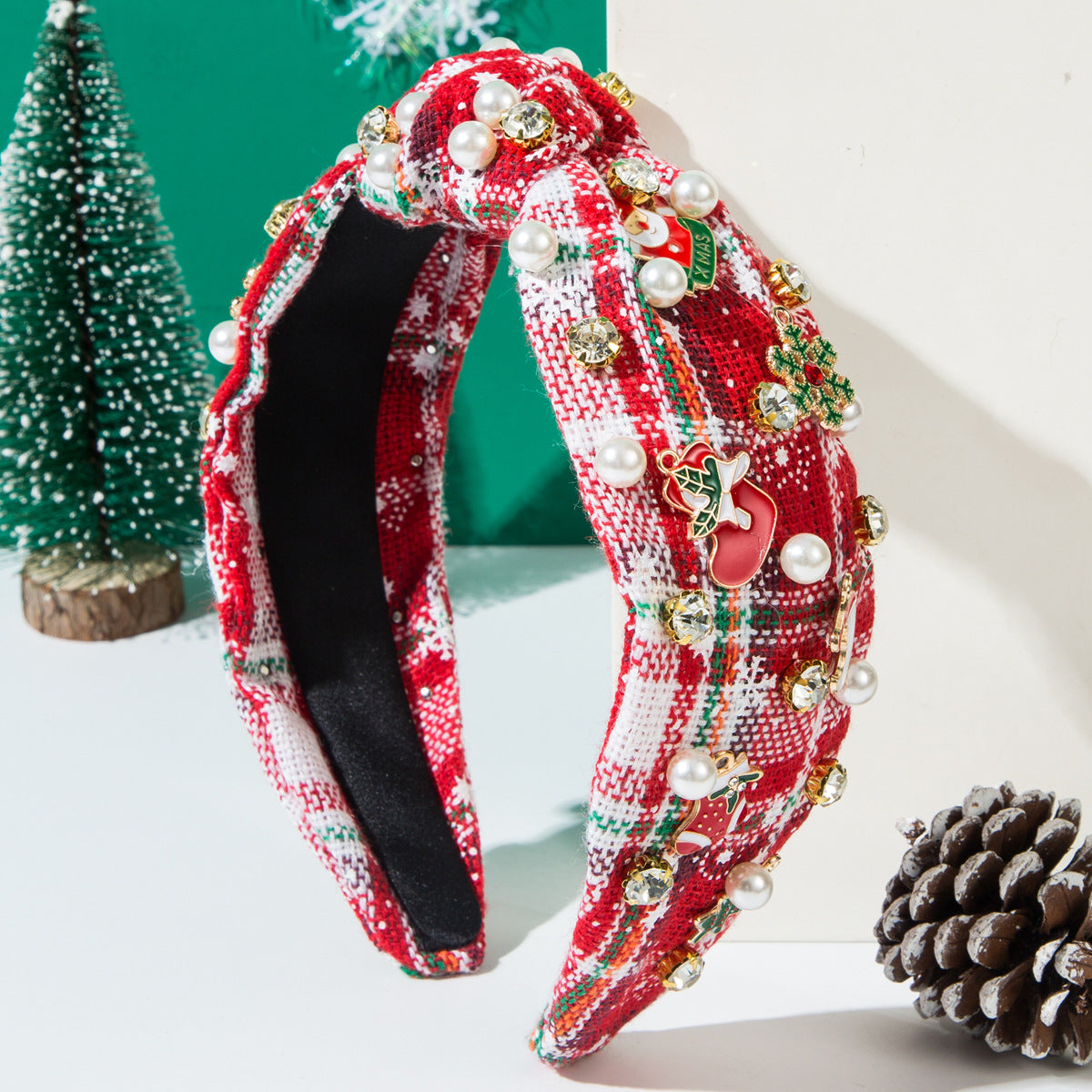 Wholesale Christmas Check Fabric Knotted with Small Scented Headbands