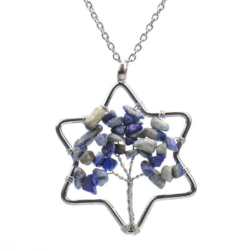 Wholesale Handmade Six-pointed Star Tree of Life Crushed Stone Crystal Necklace