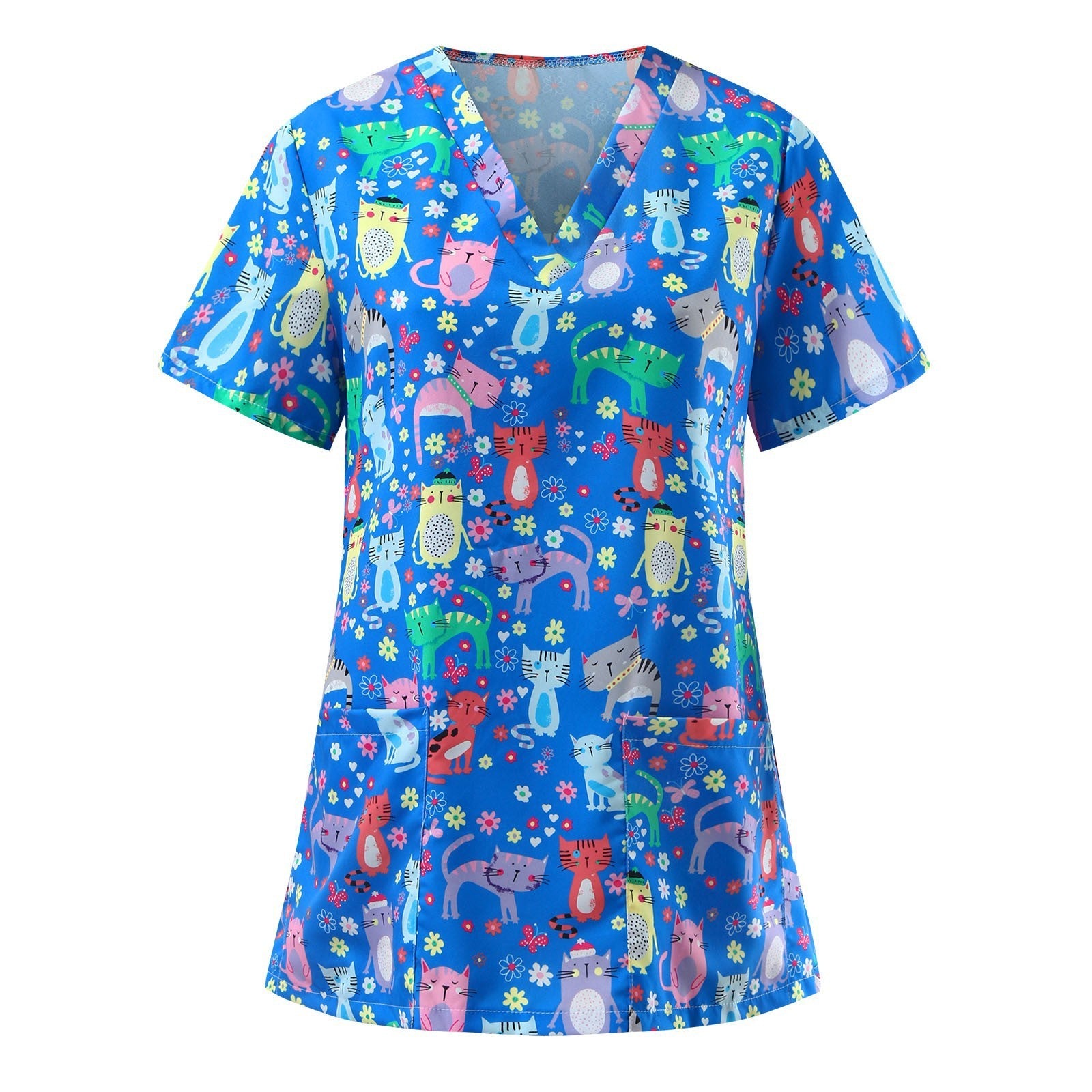 Wholesale Women's V-neck Cartoon Printed Pockets Polyester Work Clothes