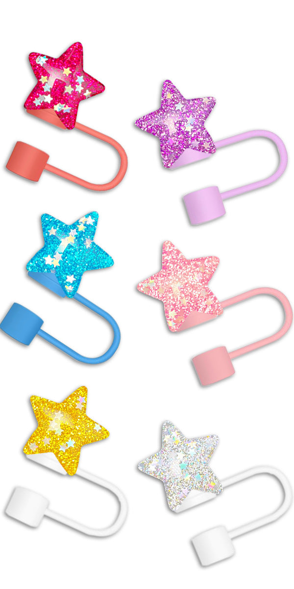 Wholesale 6pcs/pack Resin glitter heart silicone straw cap cup accessories