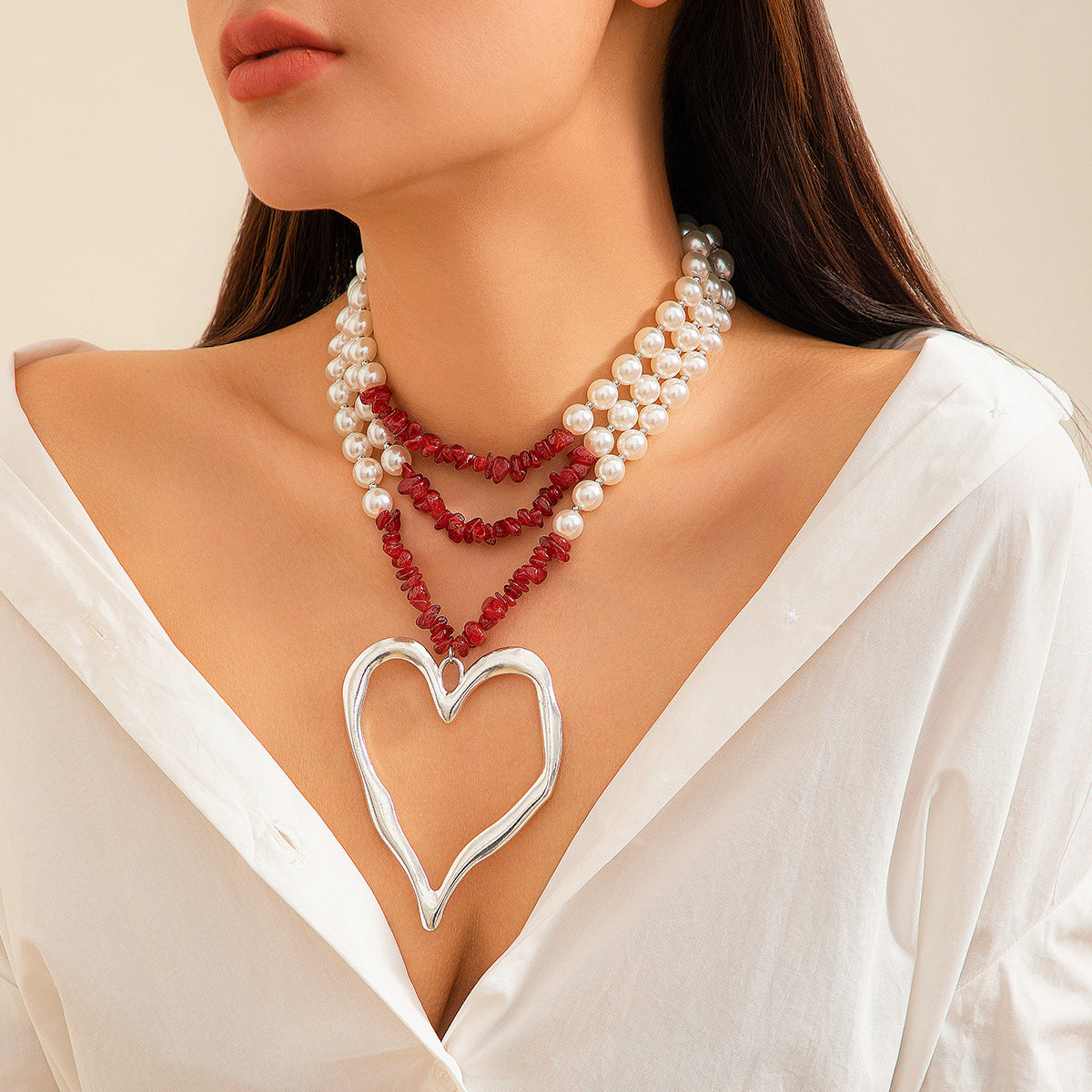 Wholesale Beaded Imitation Pearl Vintage Big Heart Turquoise Alloy Necklace