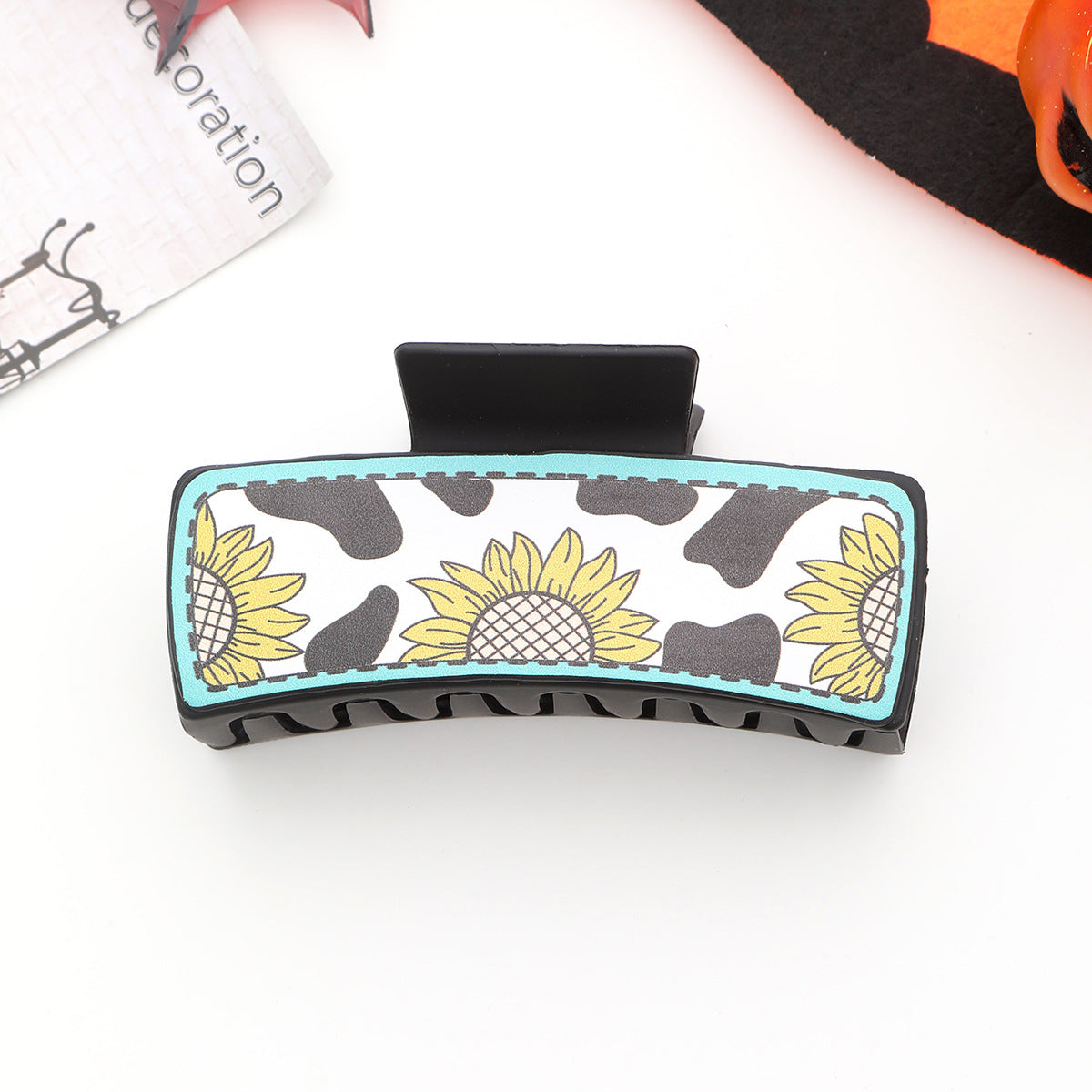 Wholesale Western Denim Wind Sunflower Milk Cow Pattern Leather Women's Hair Clip Grab Clip Shark Clip Hair Accessories Clip