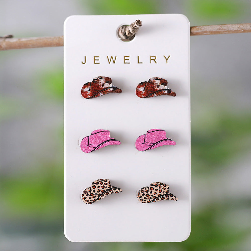 Wholesale Western wind leopard print turquoise patterned denim hat wooden ear stud set