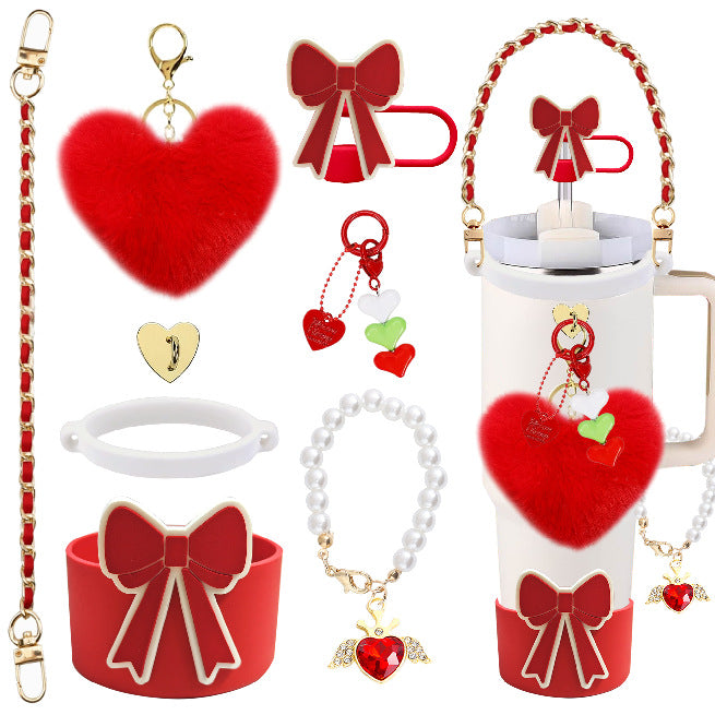 Wholesale Water cup braided hand rope thermos cup chain love hook fur ball key chain set