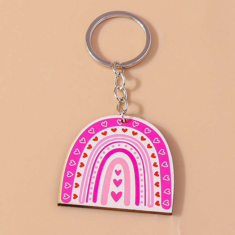 Wholesale Wooden Valentine's Day Rainbow Heart Pink Keychain
