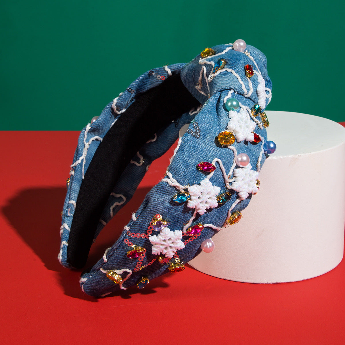 Wholesale Stylish High Quality Denim with Diamond and Pearl Headbands Christmas Day Party Hair Accessories