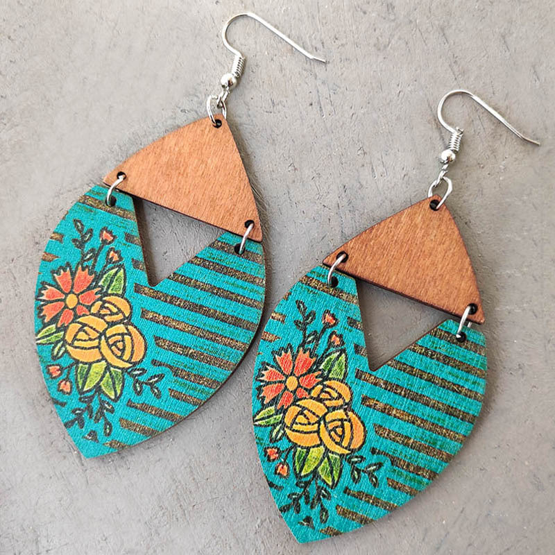 Wholesale 2 Pairs/pack Bohemian Western Style Sunflower Striped Floral Wooden Earrings