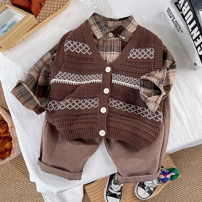Wholesale Cotton Boys Cardigan Sweater Plaid Shirt Three Piece Set