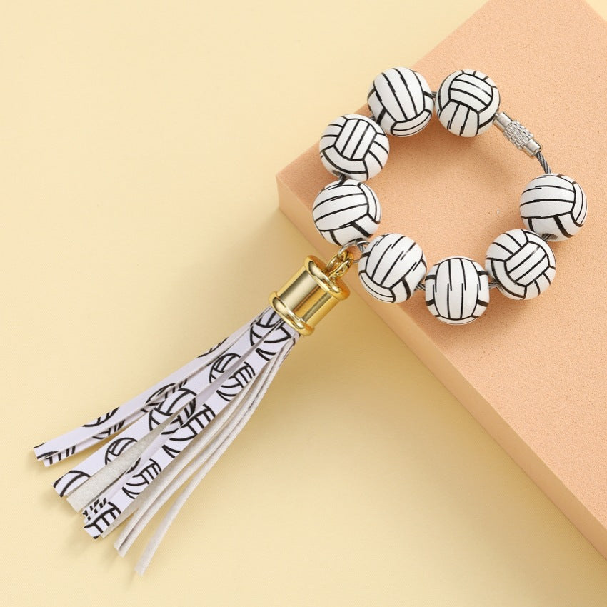 Wholesale Football Wooden Bead Bracelet Wrist Tassel Keychain