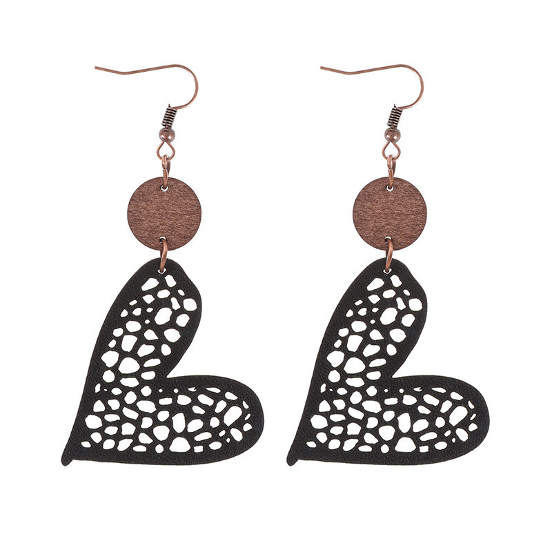 Wholesale Fashion Valentine's Day Heart Wood Hollow Mesh Leather Earrings