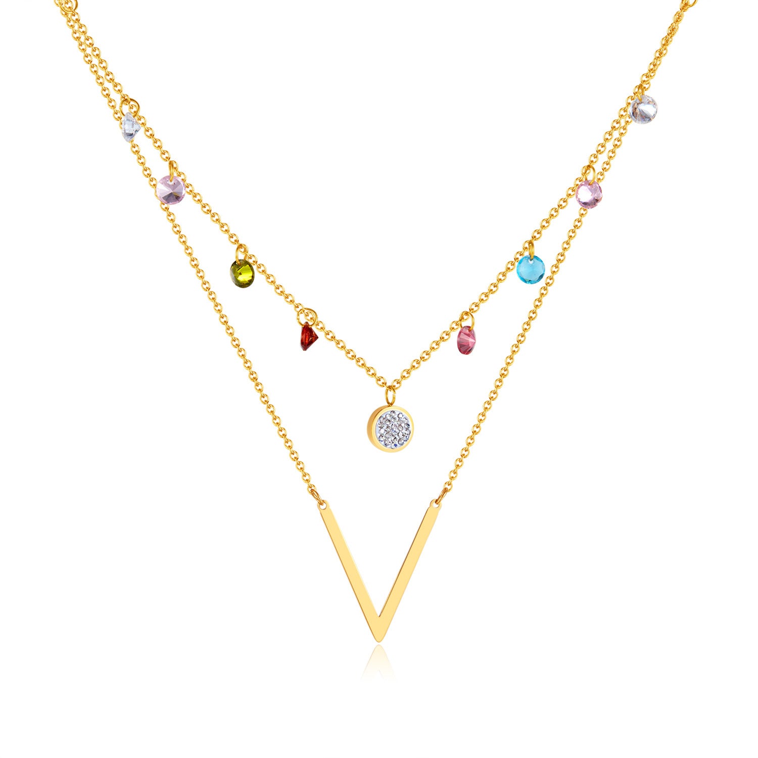 Wholesale Colorful Zircon Double Layer Titanium Steel Necklace