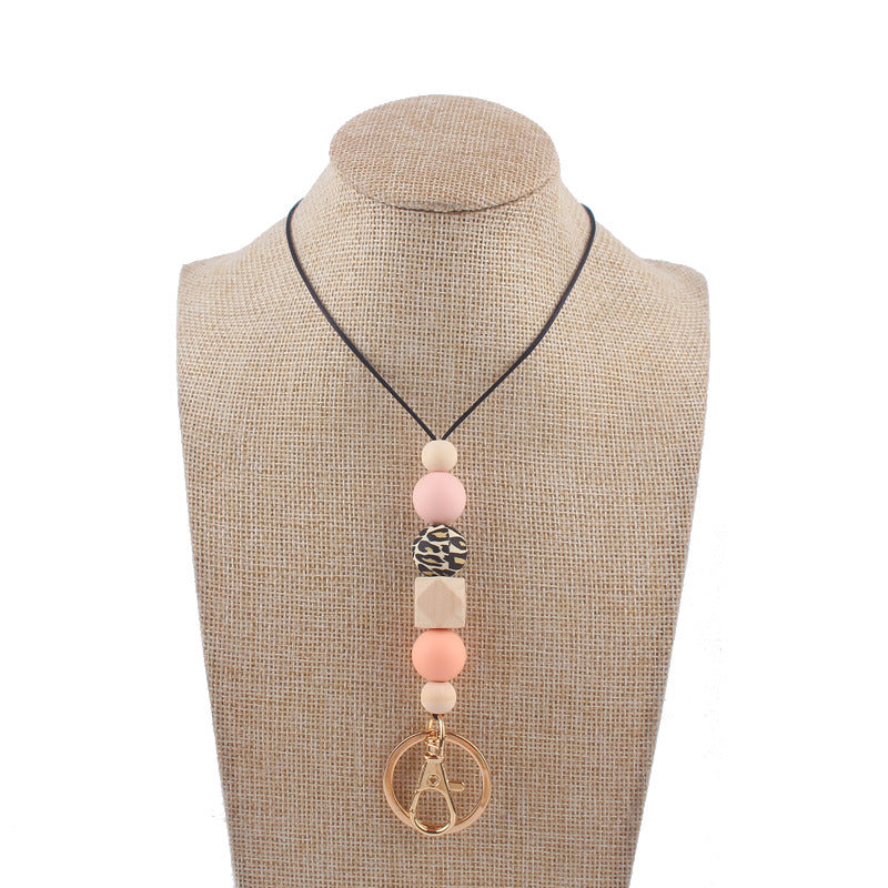 Wholesale Leopard Print Silicone Beaded Lanyard ID Keychain