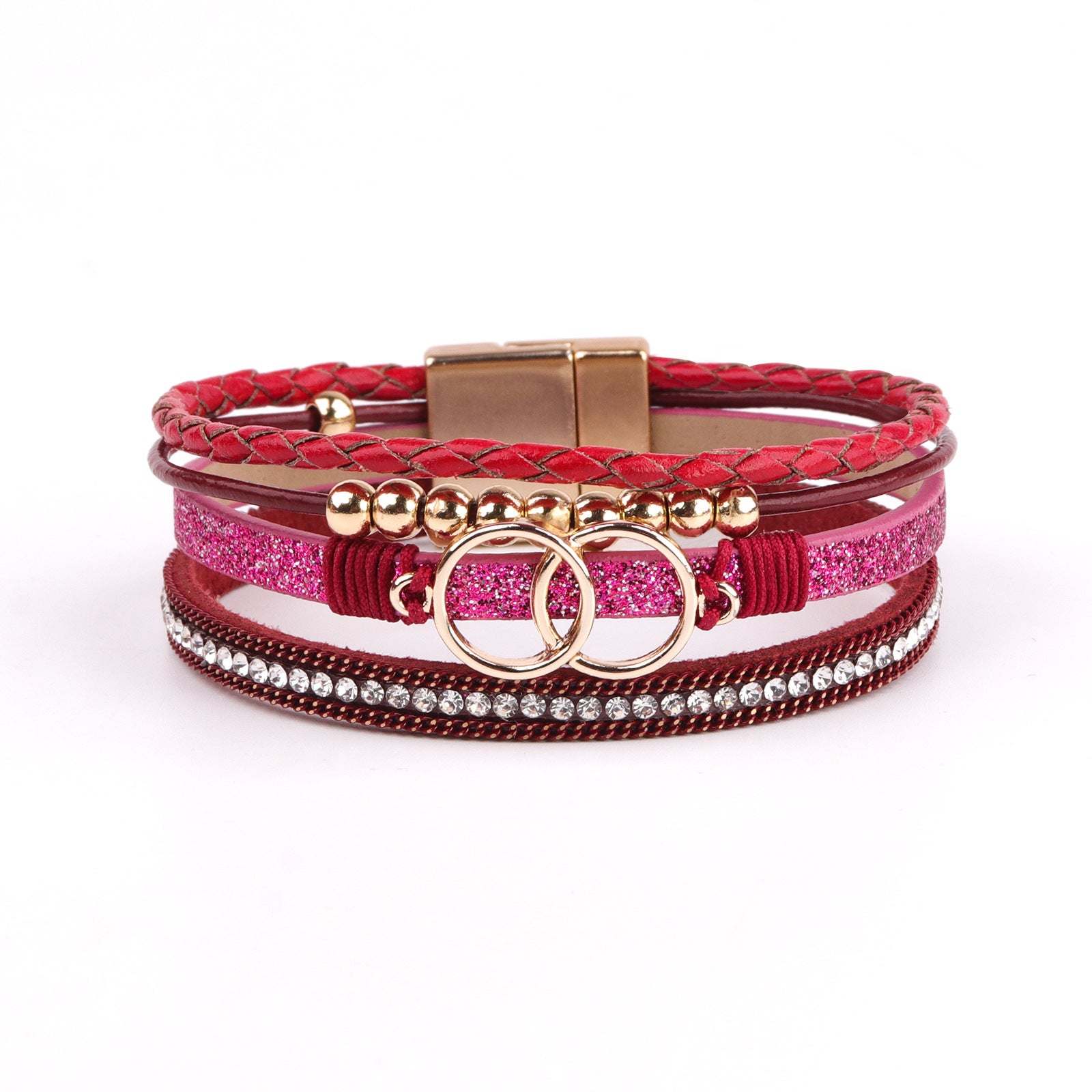 Wholesale Diamond Four Layer Braided Leather Bohemian Bracelet