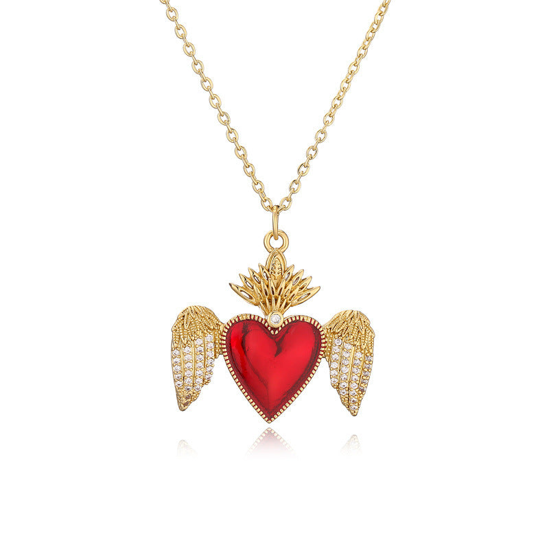 Wholesale Copper Gold Plated Zirconium Oil Drop Love Wings Pendant Necklace