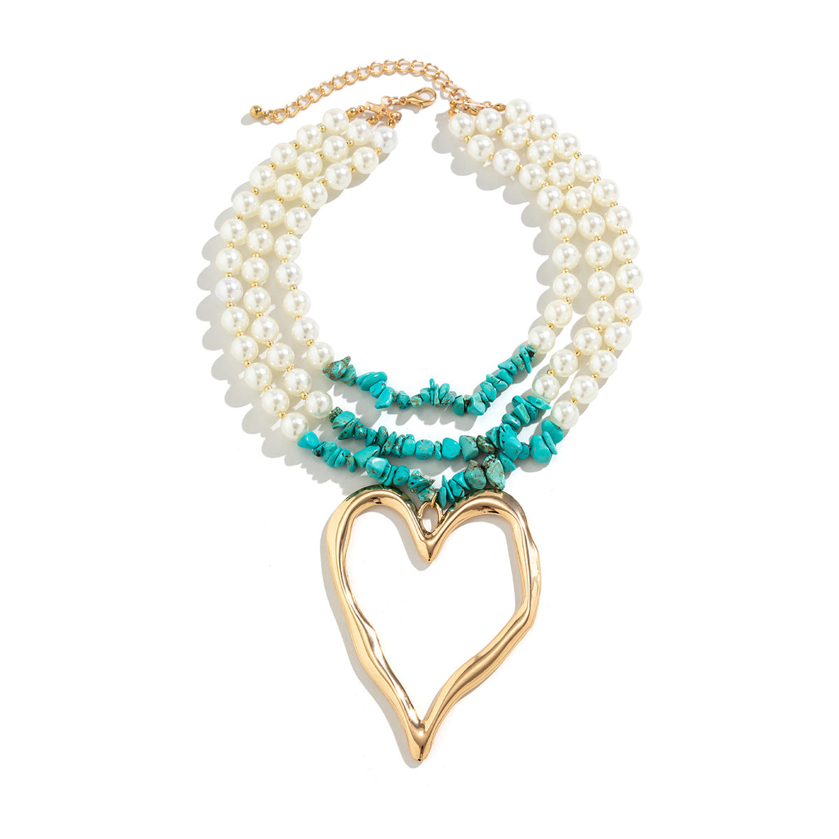 Wholesale Beaded Imitation Pearl Vintage Big Heart Turquoise Alloy Necklace