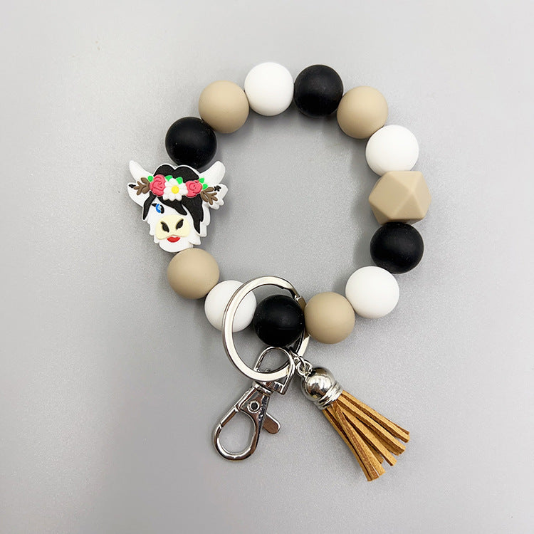 Wholesale Cartoon Cow Bee Silicone Beaded Wrist Keychain