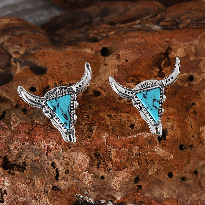 Wholesale Western Cowboy Style Bull Head Triangle Turquoise Earrings Necklace Set Fashion Retro Personality Necklaces