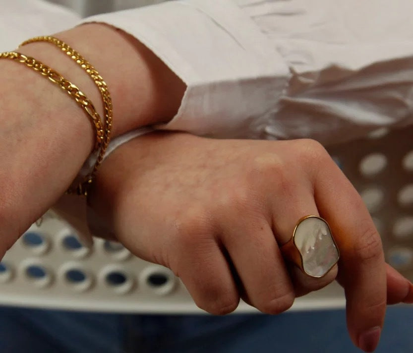 Wholesale 18k Real Gold Plating Freshwater Shell Titanium Steel Ring