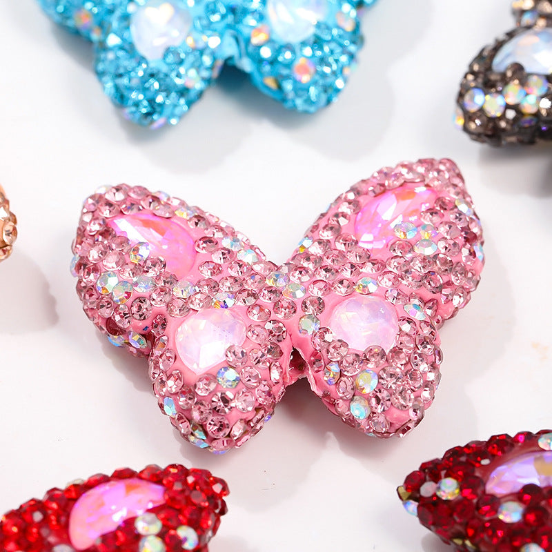 Wholesale of Colored Soft Clay Double-sided Diamond Inlaid Butterfly Straight Hole Beads